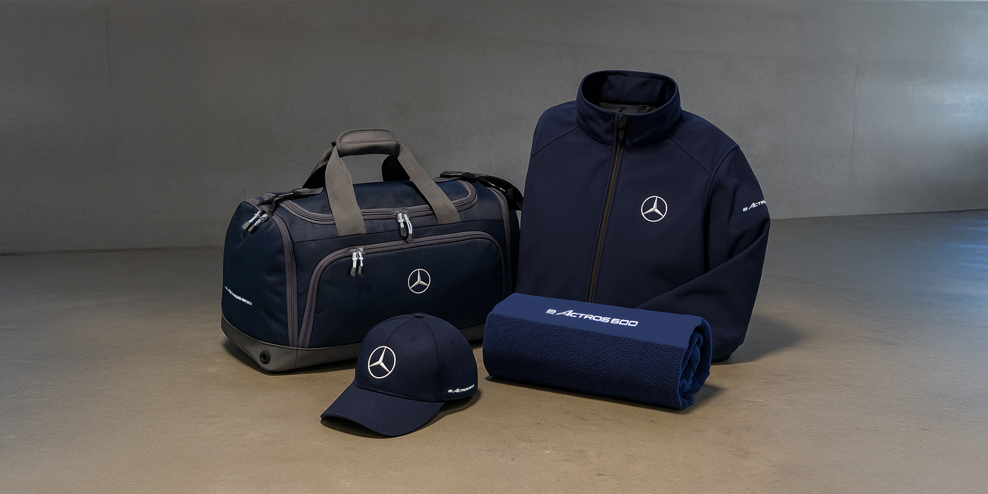 Collection of products, including bag, hat and jacket all in blue